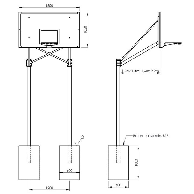 Basketbalová konstrukce dvousloupová, výsun 1,2 m,